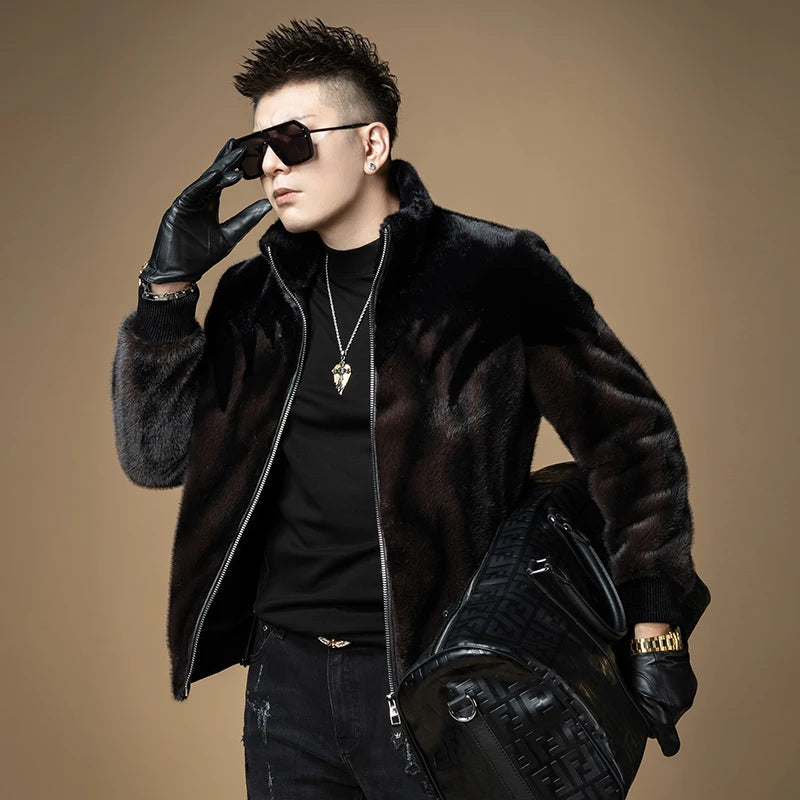 High-End Luxury Men's Fur Coat Winter Thick Warm Gold Mink Velvet Jacket Upper Body Clothing Polyester Fiber Long Sleeve Zipper