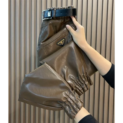 Autumn Winter Leather Pants Fashion High Quality Leg Windproof Plus Velvet Haren Pants All-Match Slimming Casual Trousers Women