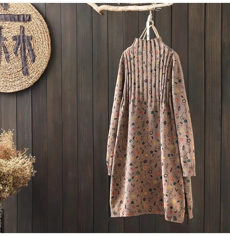 Retro Print Loose Knitted Dress Half High Collar Base Layer Skirt Autumn Winter Long Straight A-Line Dress for Women