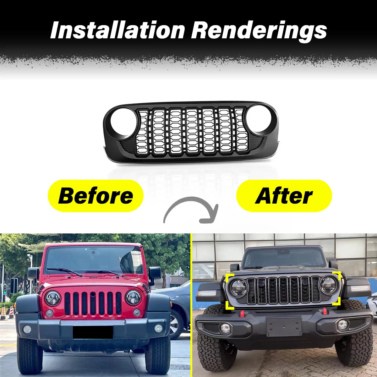 For Jeep Wrangler JK JKU 2007 2008 2009 2010 2011 2012 2013 2014 2015 2016 2017 Lantsun J400 2024 Style Front Bumper Mesh Grille