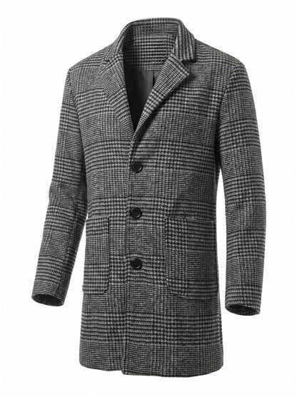 New Winter Men's Trench Coat with Houndstooth Pattern Thickened Lining Windproof Design | Business-Ready Warm Outerwear for Men