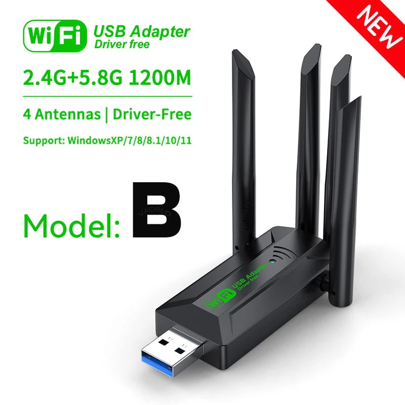 Dual Band 1200Mbps WiFi USB Adapter 2.4G/5.8Ghz Wi-Fi5 Dongle 4 Antenna USB3.0 Wireless Receiver For PC/Laptop No CD Driver Free
