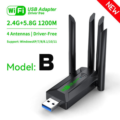 Dual Band 1200Mbps WiFi USB Adapter 2.4G/5.8Ghz Wi-Fi5 Dongle 4 Antenna USB3.0 Wireless Receiver For PC/Laptop No CD Driver Free