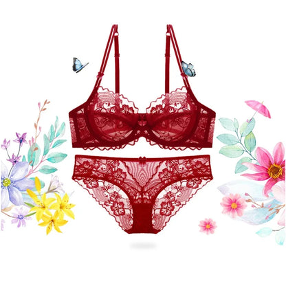 Delicate French Lace Bra Set, Sheer Minimiser Underwire for Lift, Elegant & Breathable Lingerie Large Bust MOYISU Sexy Panty Set