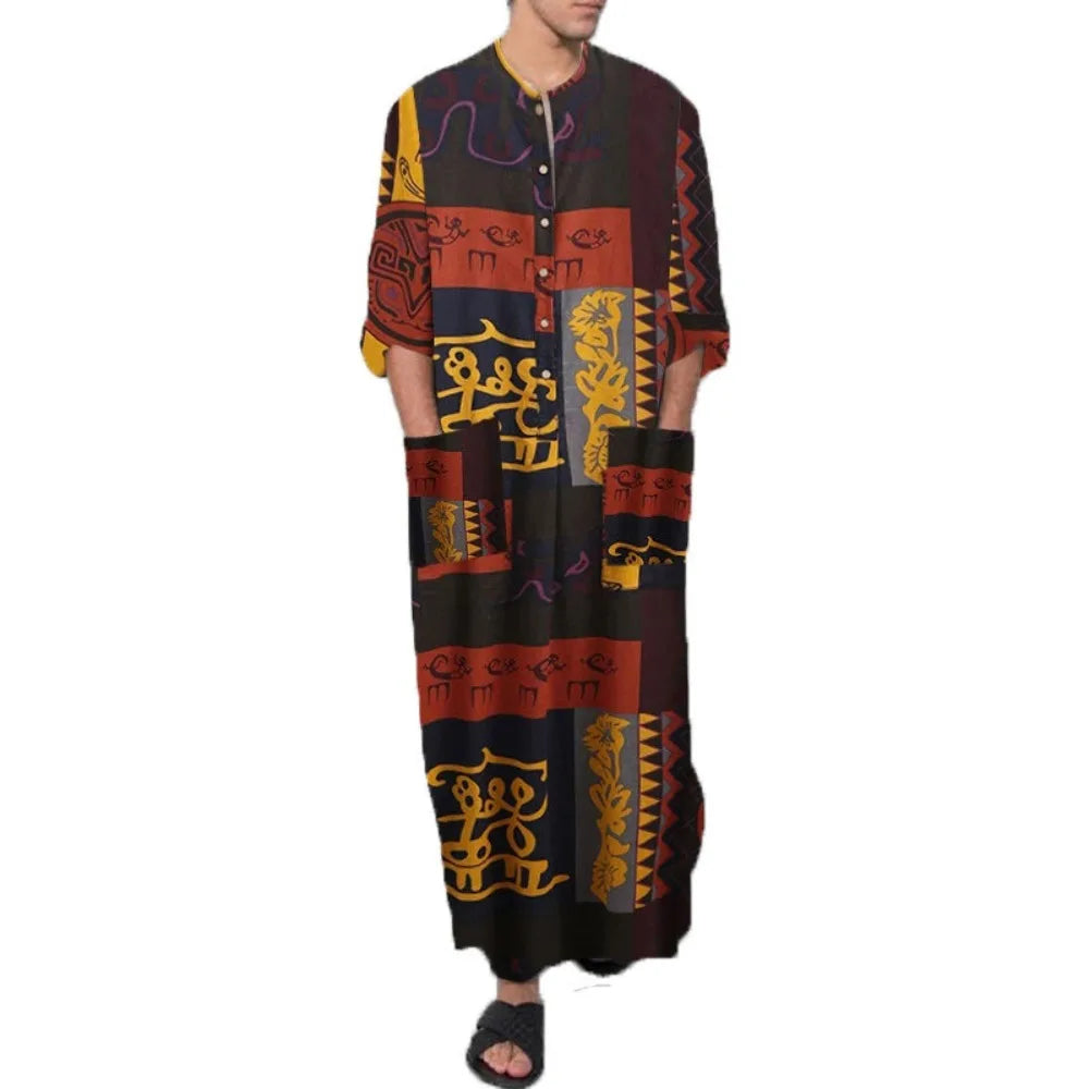 Men's Striped Print Arabic Thobe - Long Sleeve One Piece Islamic Robe,Middle Eastern Traditional Muslim Wear with Ethnic Pattern