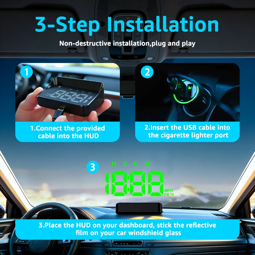 KWHUD Head-up Display Car HUD GPS Speedometer with Time Compass Display, Over-speed Alarm KM/H & MPH Car Electronics Accessories