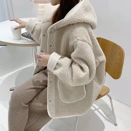 Women's Loose Fit Button up Lamb Fur Hooded Jacket Autumn Winter Fashion Slimming Versatile Top Small Size Korean Style