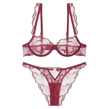 2 Pieces Summer Ultra Thin Breathable Women Underwear Sexy Lace Bra French Mesh Temptation Intimates Lingerie and Briefs Sets