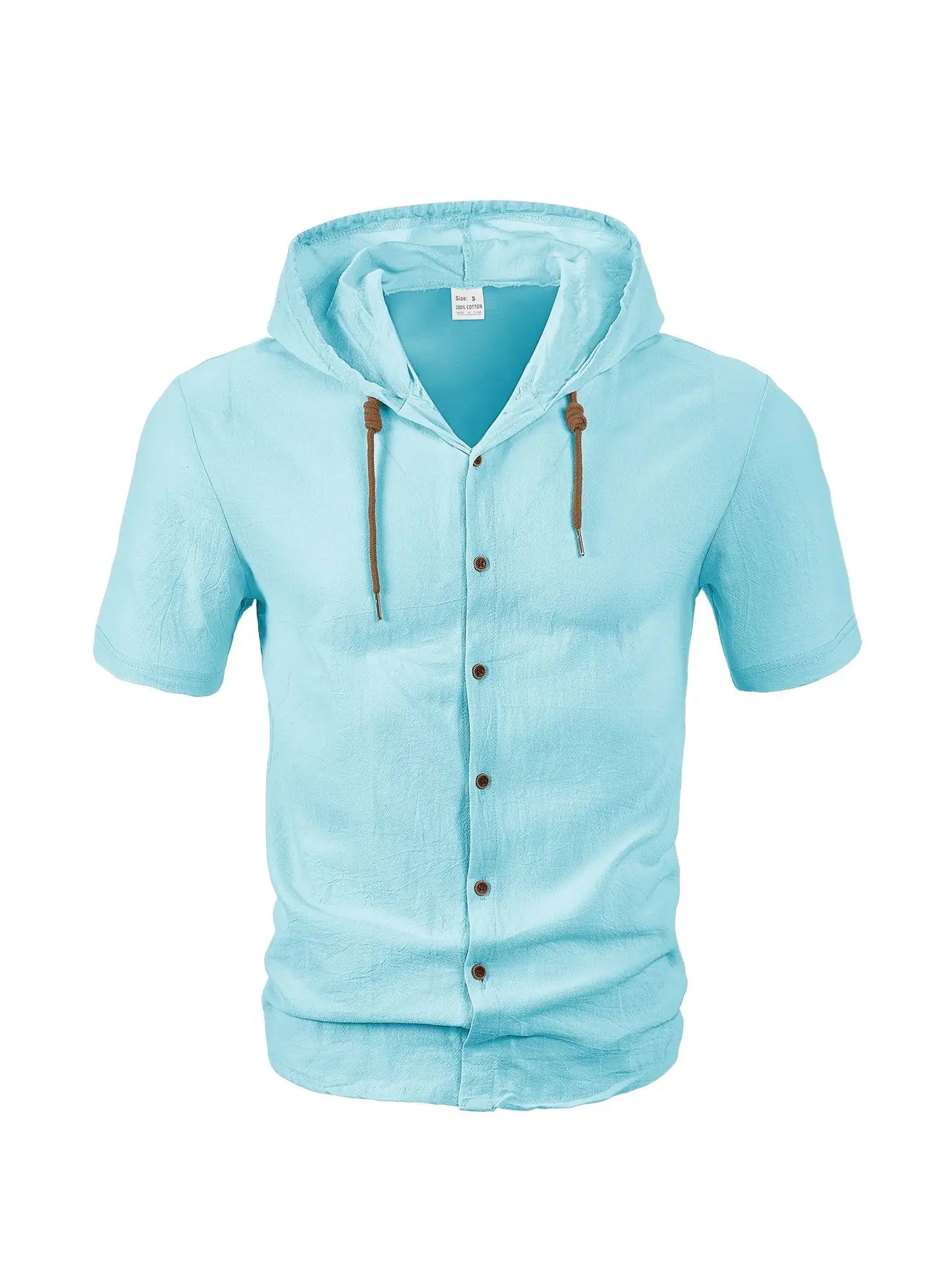 Men's Hooded Button Down Shirt Short Sleeve Linen Look Casual Top Drawstring Summer Beach Vacation Shirt 2026