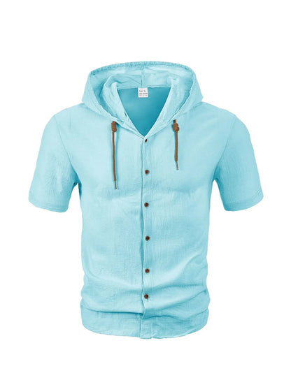 Men's Hooded Button Down Shirt Short Sleeve Linen Look Casual Top Drawstring Summer Beach Vacation Shirt 2026