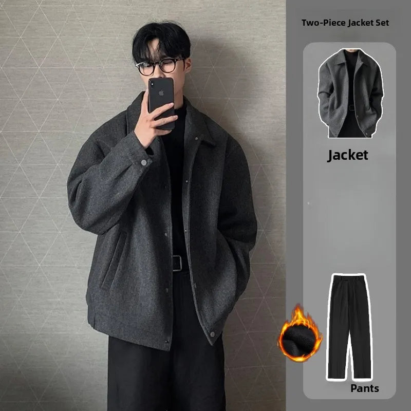 Men's Woolen Jacket Set Casual Autumn Winter Style Youth Long Sleeve Pants Three Piece Suit Elegant Fashionable Men's Wear