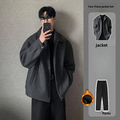 Men's Woolen Jacket Set Casual Autumn Winter Style Youth Long Sleeve Pants Three Piece Suit Elegant Fashionable Men's Wear