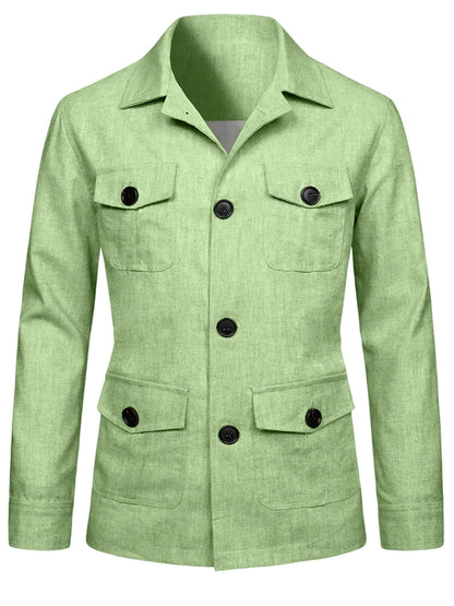 Men's Linen Blend Safari Jacket Retro British Style Multi-Pocket Workwear Coat Business Casual Suit Blazer for Spring Summer