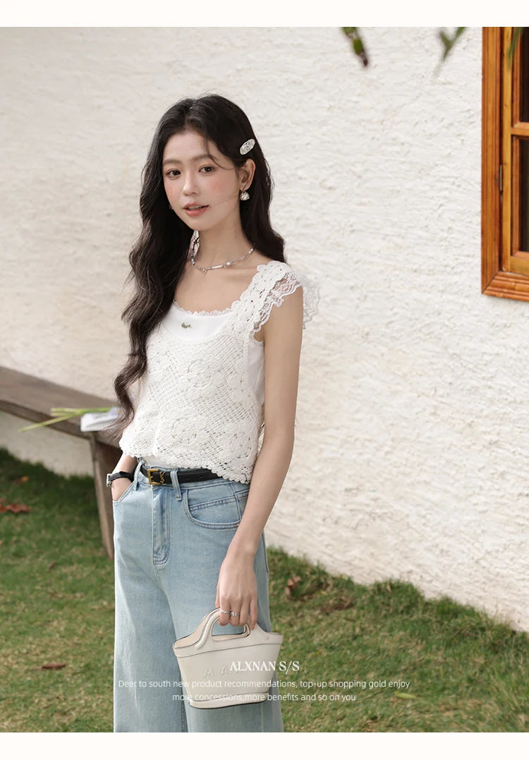 ALXNAN White Tank Tops 2026 Summer Elegant Cotton Women's Camisole Lace Fake Two-piece Design Chic Sleeveless Tops Ladies L53815