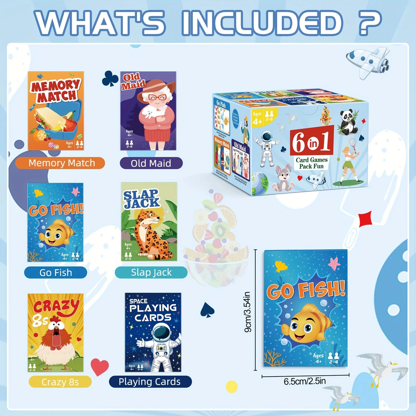 6 in 1  Kids Card Games: Go Fish, Old Maid, Memory Match, Slap Jack, Crazy 8s, Space Playing Cards; Children Birthday Gift