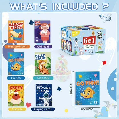 6 in 1  Kids Card Games: Go Fish, Old Maid, Memory Match, Slap Jack, Crazy 8s, Space Playing Cards; Children Birthday Gift