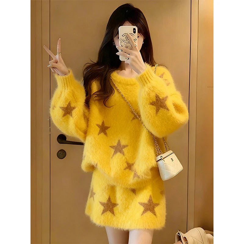 Fashionable Yellow Print Sweater High Waist Skirt Two Piece Set Slimming Effect Comfortable Fit Casual Winter Wear for Women