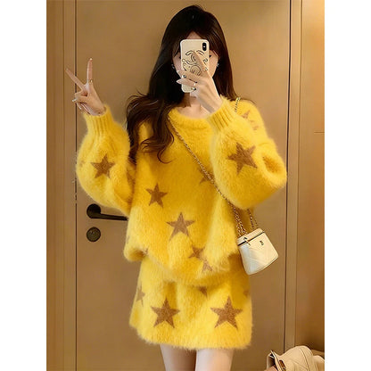 Fashionable Yellow Print Sweater High Waist Skirt Two Piece Set Slimming Effect Comfortable Fit Casual Winter Wear for Women