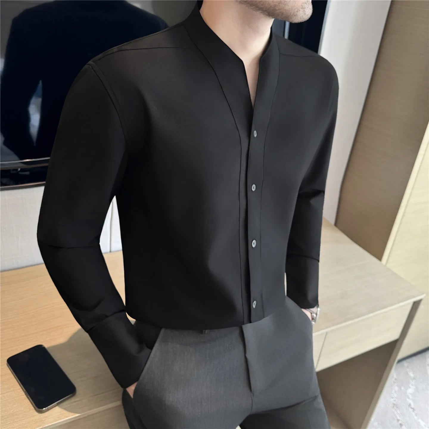 Men V-neck Shirt British Style Anti-wrinkle Soft Solid Casual Elastic Slim Fit Top Long Sleeved Dress Shirt Fashion Men Clothing