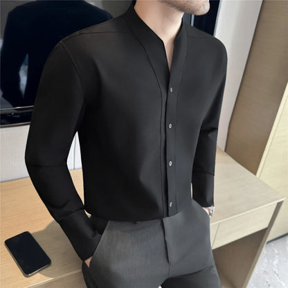 Men V-neck Shirt British Style Anti-wrinkle Soft Solid Casual Elastic Slim Fit Top Long Sleeved Dress Shirt Fashion Men Clothing