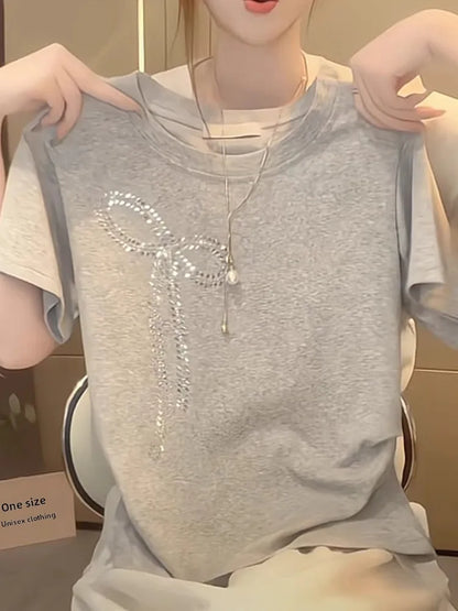 Elegant round Neck Short Sleeve T-Shirt Women's Summer New Style  Knot Rhinestone Embellished Slimming Chinese Design