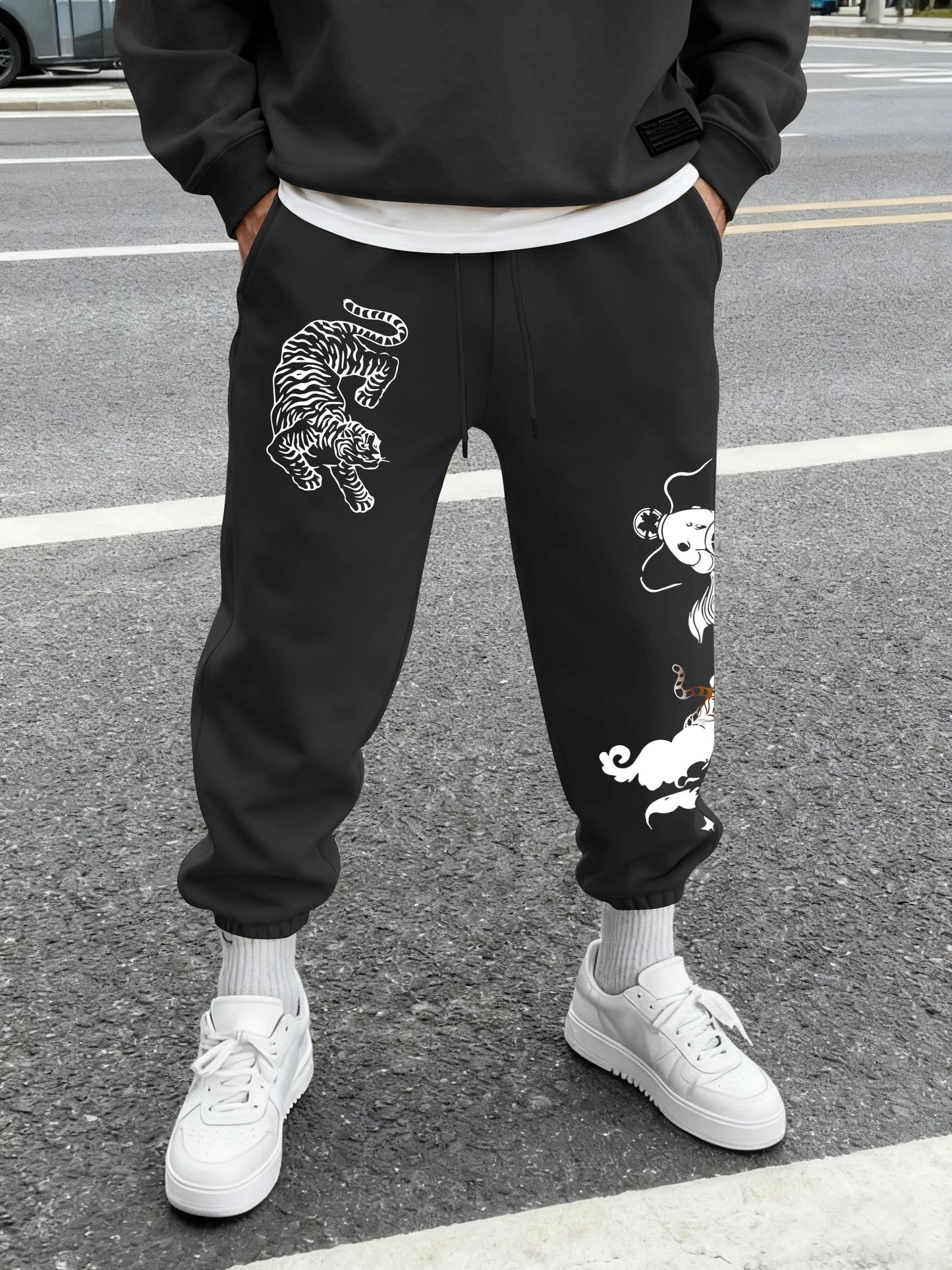 Men's Streetwear Traditional Chinese White Tiger Koi Fish Print Sweatpants Elastic Waist Soft Asian Hip Hop Daily Joggers