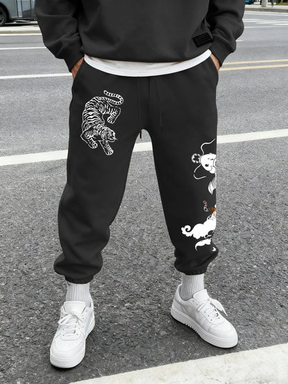 Men's Streetwear Traditional Chinese White Tiger Koi Fish Print Sweatpants Elastic Waist Soft Asian Hip Hop Daily Joggers