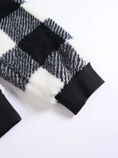 Women's Plaid Print Half Zip Drop Shoulder Fuzzy Sweatshirt, Casual Long Sleeve Collared Pullover for Fall and Winter