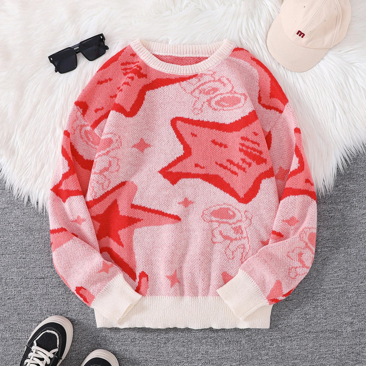 New Trendy Spring and Autumn Astronaut Reaching for the Stars Jacquard Pattern Pullover Sweater, Casual Round-Neck Color-Block Knit Men's Pullover, Suitable for Everyday Wear, Unisex Top for Going Out, Regular Fit, Suitable f
