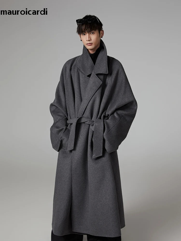 Mauroicardi Autumn Winter Oversized Extra Long Warm Gray Wool Blends Coat Men Sashes Raglan Sleeve Luxury Woolen Overcoat 2024