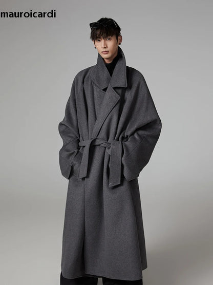 Mauroicardi Autumn Winter Oversized Extra Long Warm Gray Wool Blends Coat Men Sashes Raglan Sleeve Luxury Woolen Overcoat 2024