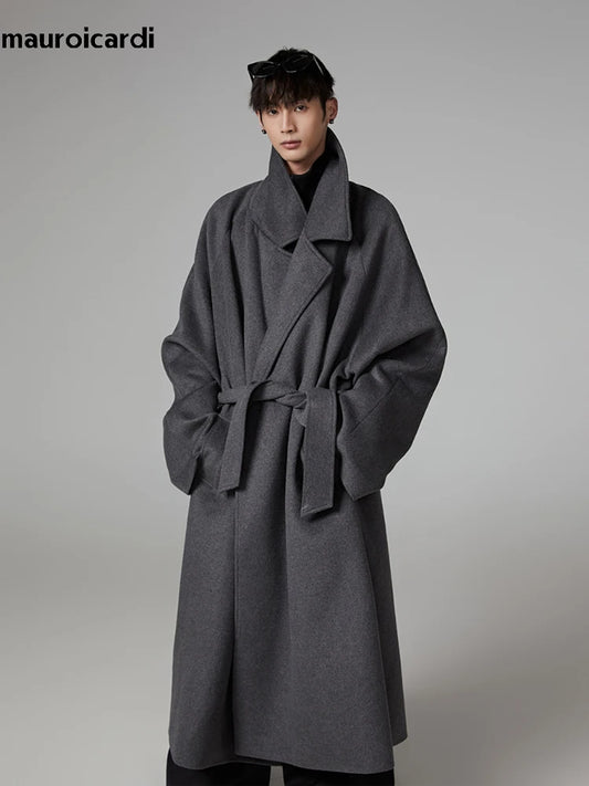 Mauroicardi Autumn Winter Oversized Extra Long Warm Gray Wool Blends Coat Men Sashes Raglan Sleeve Luxury Woolen Overcoat 2024