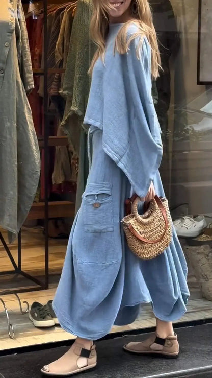 2024 Autumn Fashion New Women's Cotton and Linen Loose Skirt Two-piece Set Solid Color Irregular Top Waist Pocket Skirt Set