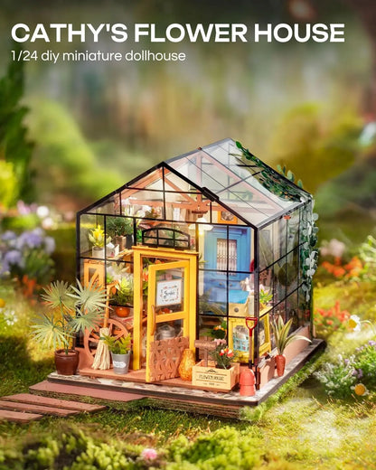 Rolife Mini Green House Cathy's Flower House DIY Dollhouse Wooden Miniature Furniture Kit with LED Best Birthday Gifts