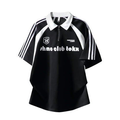 Sporty Unisex Polo T-Shirt, Black White Contrast with Stripes & Logo Print, Loose Summer Streetwear