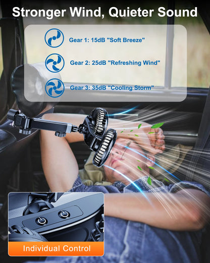 Hipacool 2024 Upgrade Car Fan Plug-in Or Battery Dual-Head Fan Strong Wind Quiet Sound Car Storgae Hook Flexible Car Cooling Fan