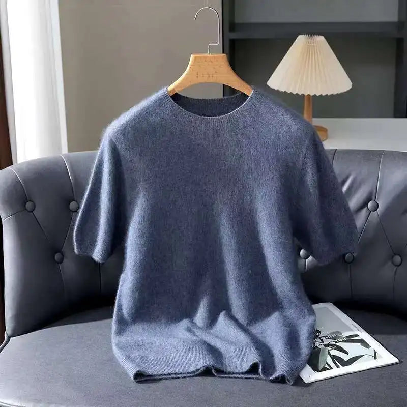 Spring Autumn 100% Mink Cashmere Short Sleeve Men's T-Shirt Loose O-Neck Solid Color Knit Sweater Casual Business Base Pullover