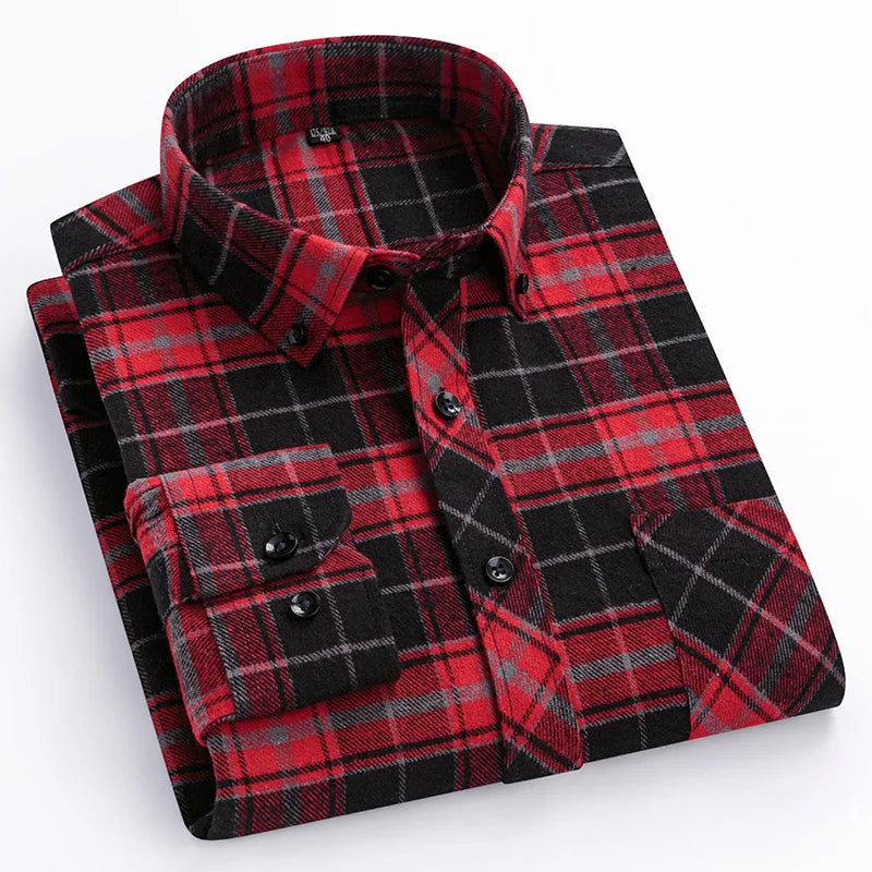 Autumn Winter Plaid Shirts Thick Flannel Shirt Standard-Fit for Men Long Sleeve Pure Cotton  Patch Pocket Design Young