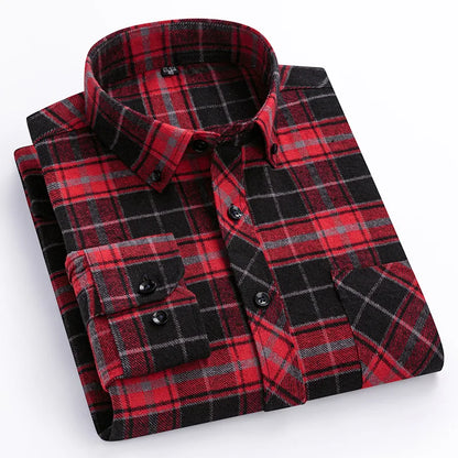Autumn Winter Plaid Shirts Thick Flannel Shirt Standard-Fit for Men Long Sleeve Pure Cotton  Patch Pocket Design Young