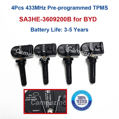 4X SA3HE-3609200B Tire Pressure TPMS Sensor SA3HE3609200B For BYD Song Pro DM-i Yuan UP PLUS Tang DM-i E9 DENZA N7 N8 D9 433MHz