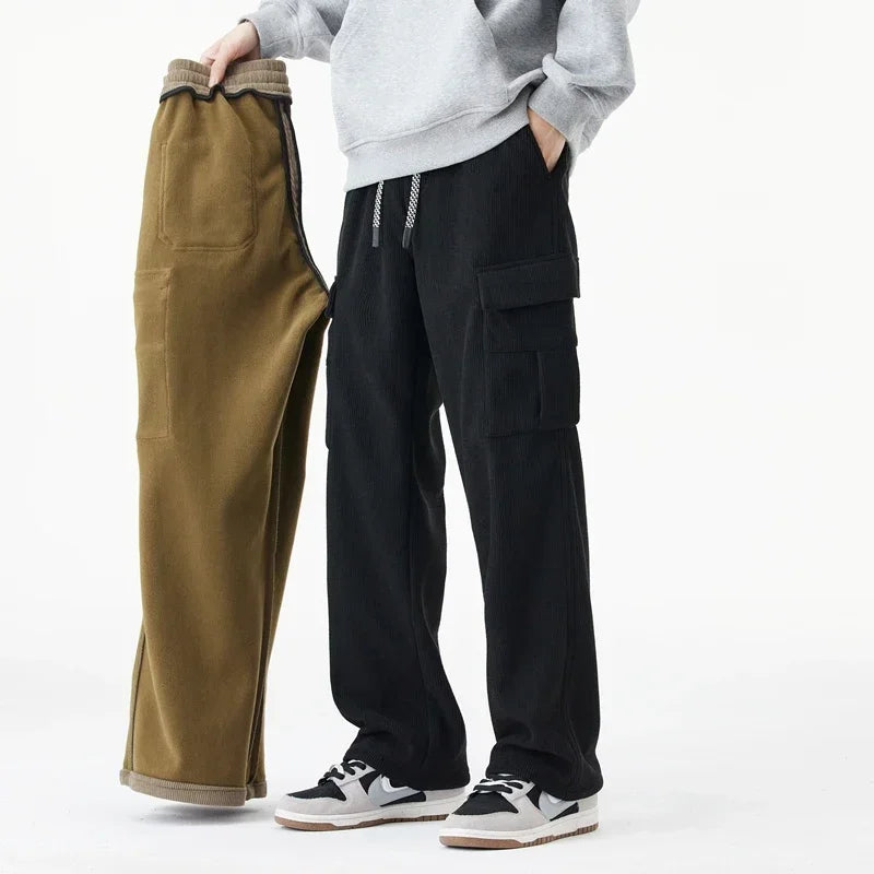 Winter Woolen Cargo Pants Thickened Men Casual Pants Solid Trousers Straight Leg Outdoors Streetwear Comfortable Fabric Unisex