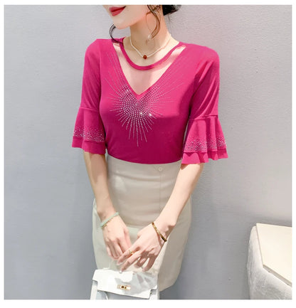 Sexy Hollow out Mesh Seven Quarter Sleeve Fashion Trend Summer T-Shirt Women Slimming Versatile Top Half Sleeve Small Shirt
