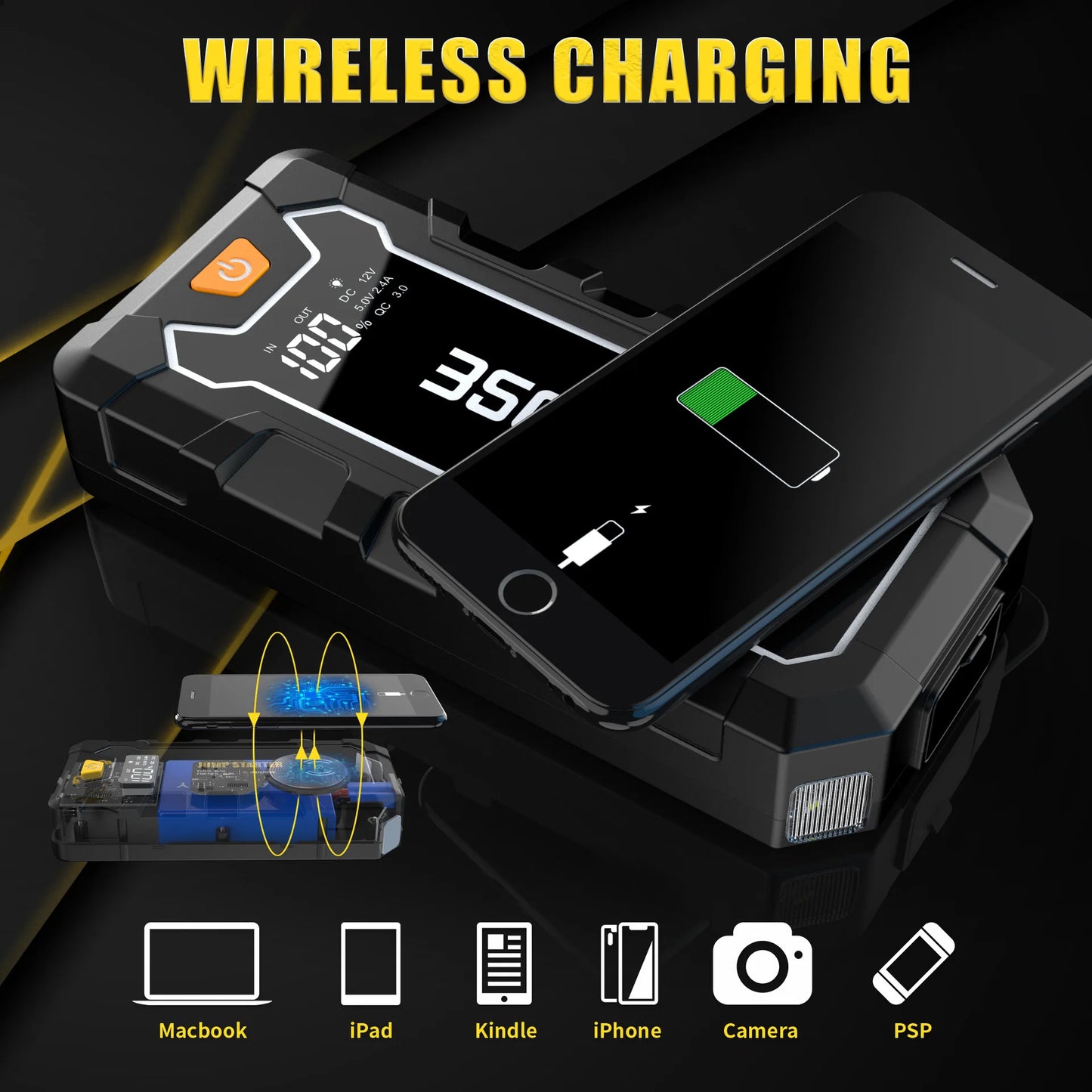 16000mAh Car Jump Starter 12V Booster for Gas&Diesel Car Portable Battery Starter Power Supply Wireless Charging Lighting