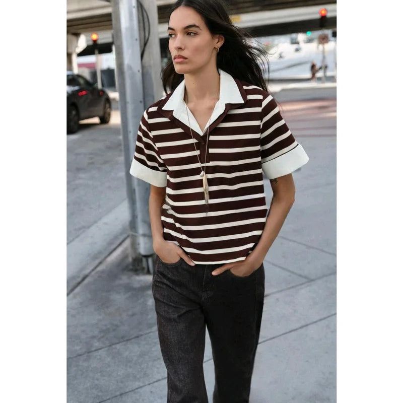 Spring New Women's Short Sleeve  Shirt Neck Splicing Stripe Pattern Casual Loose Fit Polyester Fiber Creative Design