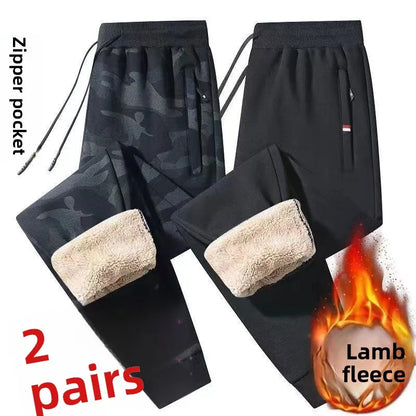 Men's Autumn Winter Thickened Large Size Lamb Velvet Fleece Lined Warm Loose Casual Pants Polyester Fiber Youth Pure Color