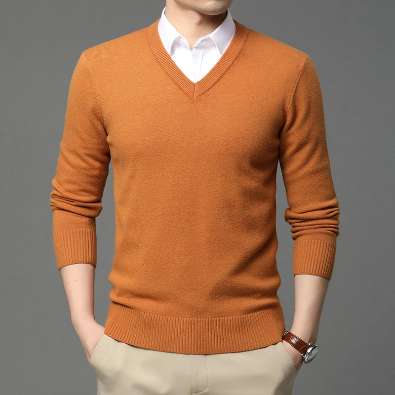 2025 High Quality New Fashion Brand Woolen Knit Pullover V Neck Sweater Black For Men Autum Winter  Casual Jumper Men Clothes