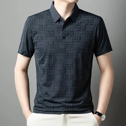 Summer Slim-Fit Men's Short-Sleeved Polo Shirt Classic Lapel Single-Breasted Placket Meander Pattern Casual Style Men's Clothing