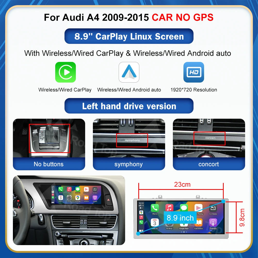 CN Road Top 8.9 12.3'' Touch Screen Multimedia Player Andriod Auto Link For Audi A4 S4 B8 2009-2015 GPS Carplay Display Car Play