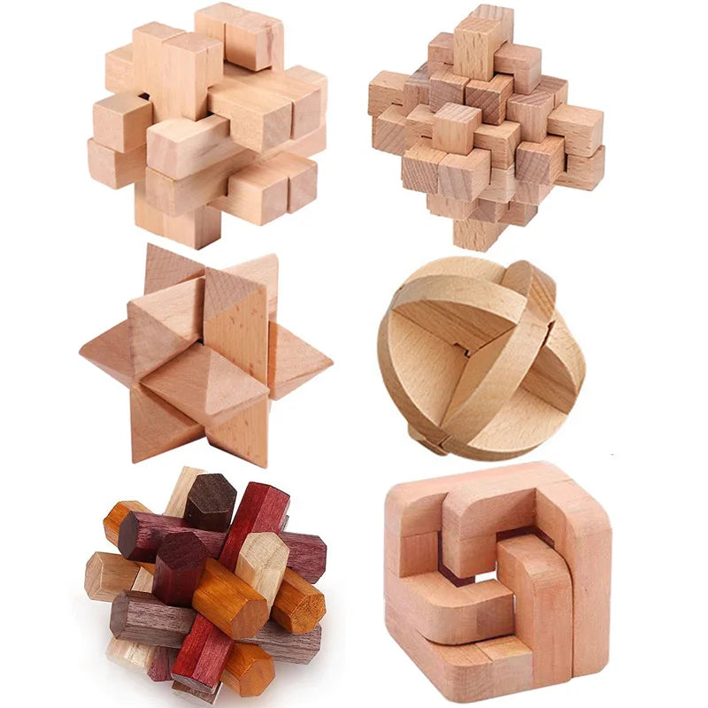 6PCS Set Wooden Brain Teaser Puzzles For Adults and Kids IQ Challenge LuBan Lock Difficult Assembly & Disentanglement Games