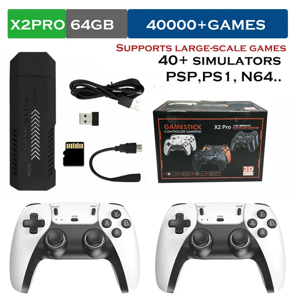 The X2 Pro video game console comes with 50,000 retro games and over 40 emulators, and is compatible with PS1/N64/PSP.